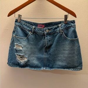 Denim Mini Skirt with Distressed Detail